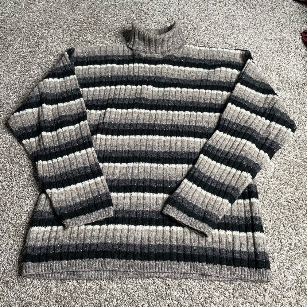 Vtg Gap Sweater Women’s XL Black Gray Chunky Wool Striped Knit 80s Turtleneck